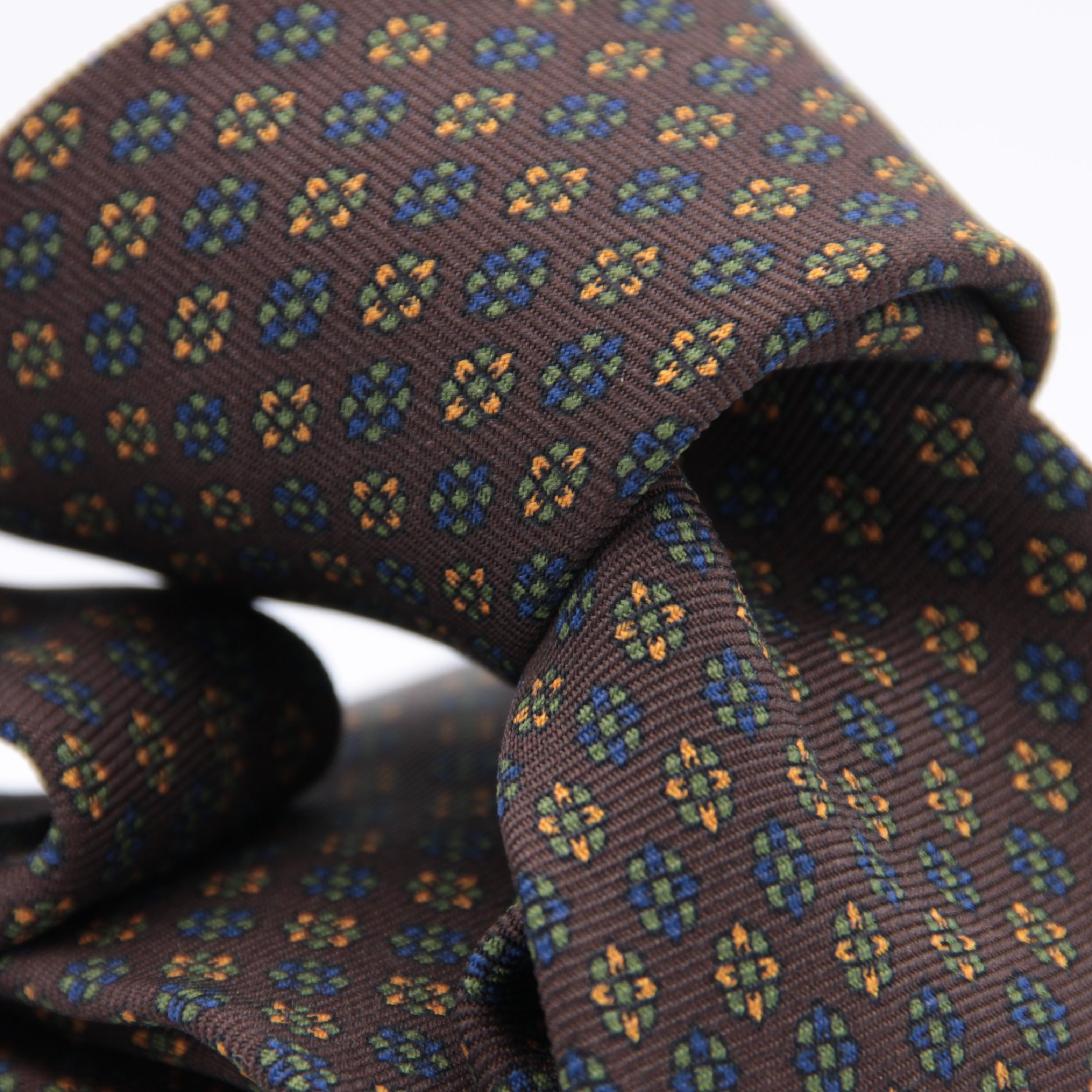 Holliday & Brown for Cruciani & Bella 100% printed Silk Self tipped Brown, Yellow, Blue and Green motif tie Handmade in Italy 8 cm x 150 cm #5021