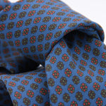 Holliday & Brown for Cruciani & Bella 100% printed Silk Self tipped Light Blue, Brown, Orange and Green motif tie Handmade in Italy 8 cm x 150 cm #5022