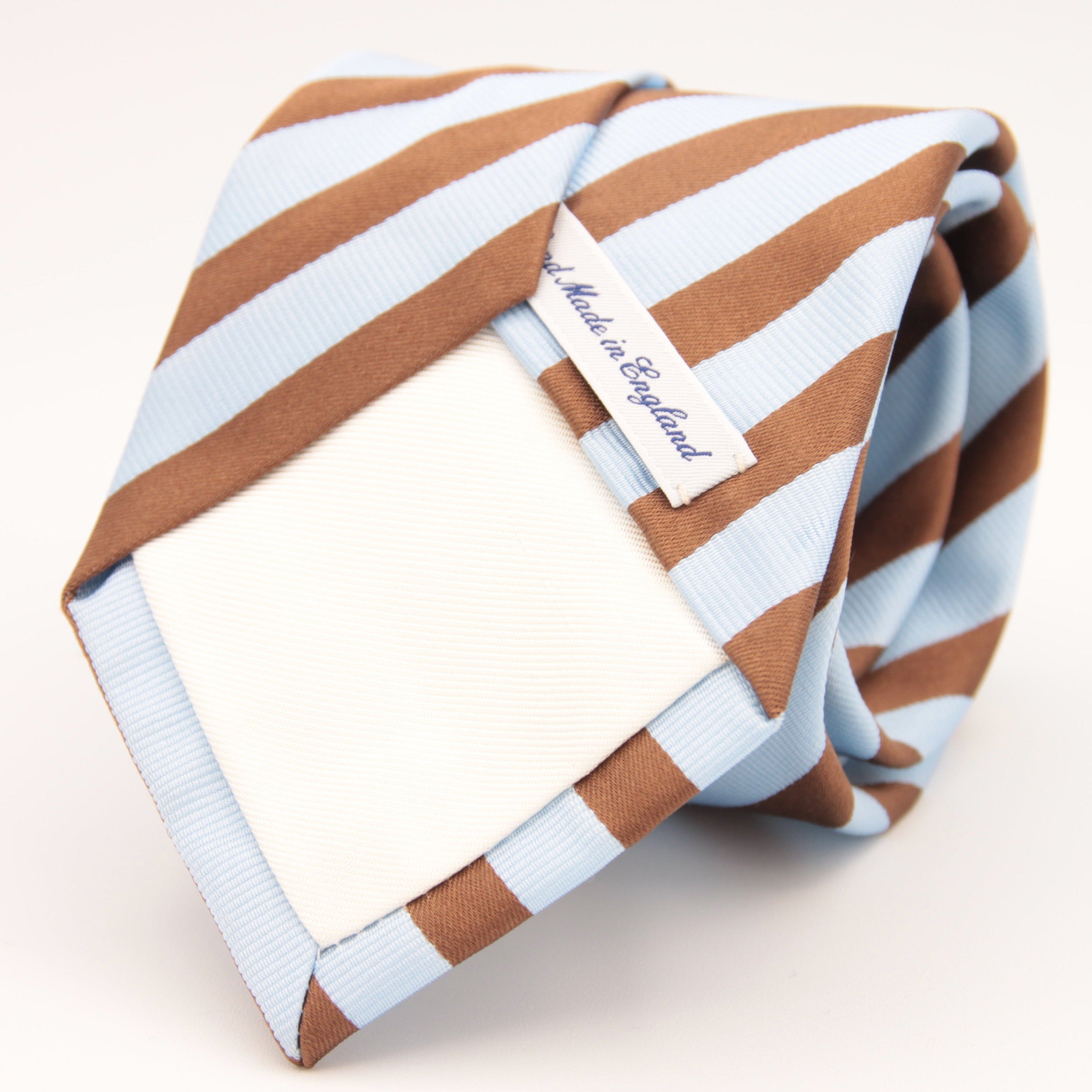 Drake's Archive 100% Silk Jaquard Tipped  Light Blue, Light Brown Stripes  Tie Handmade in England 8,5cm x 146 cm #6548