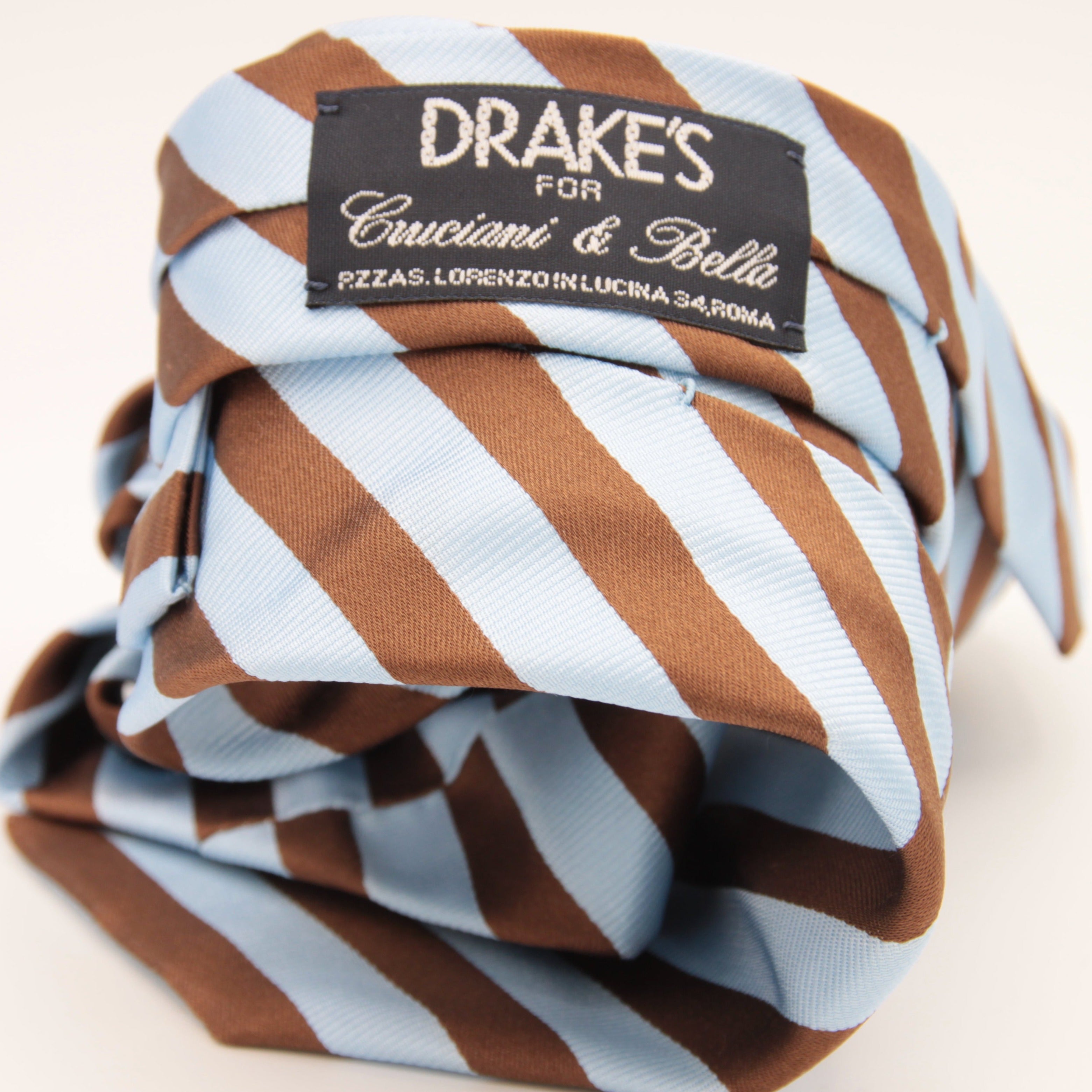 Drake's Archive 100% Silk Jaquard Tipped  Light Blue, Light Brown Stripes  Tie Handmade in England 8,5cm x 146 cm #6548