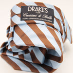 Drake's Archive 100% Silk Jaquard Tipped  Light Blue, Light Brown Stripes  Tie Handmade in England 8,5cm x 146 cm #6548