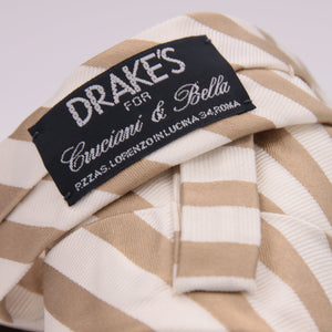 Drake's Vintage 100% Silk Jaquard Tipped  White, Light Brown Stripes  Tie Handmade in England 8,5cm x 146 cm #6549