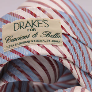 Drake's for Cruciani & Bella 100% Silk Jaquard Tipped  White, Light Blue and Light Red Stripes  Tie Handmade in London, England. 9,5cm x 146 cm #6546