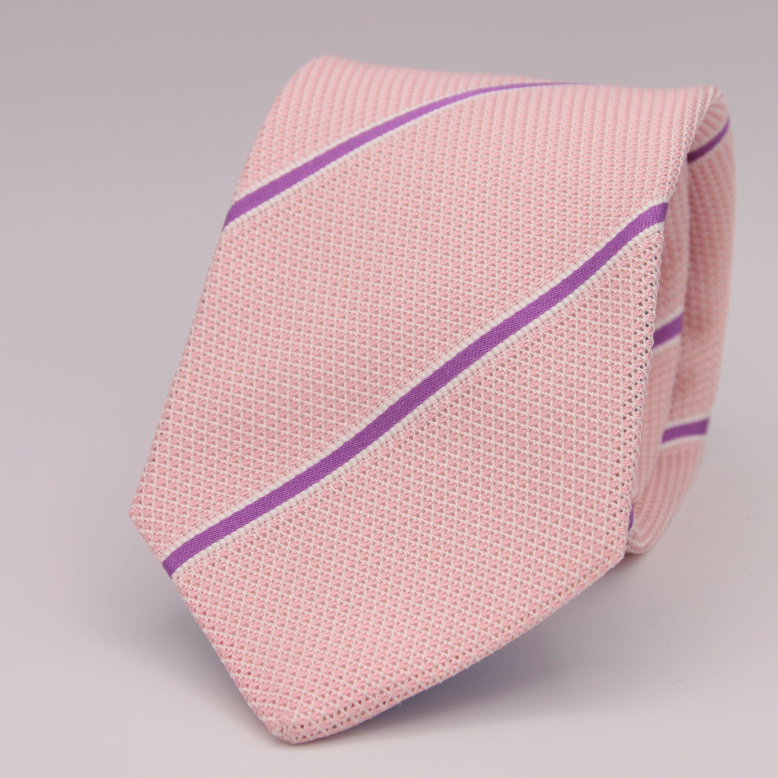 Drake's Archive 100% Silk Garza Piccola Tipped  Light Pink, Purple and White Stripes  Tie Handmade in England 9,5 cm x 146 cm #5322