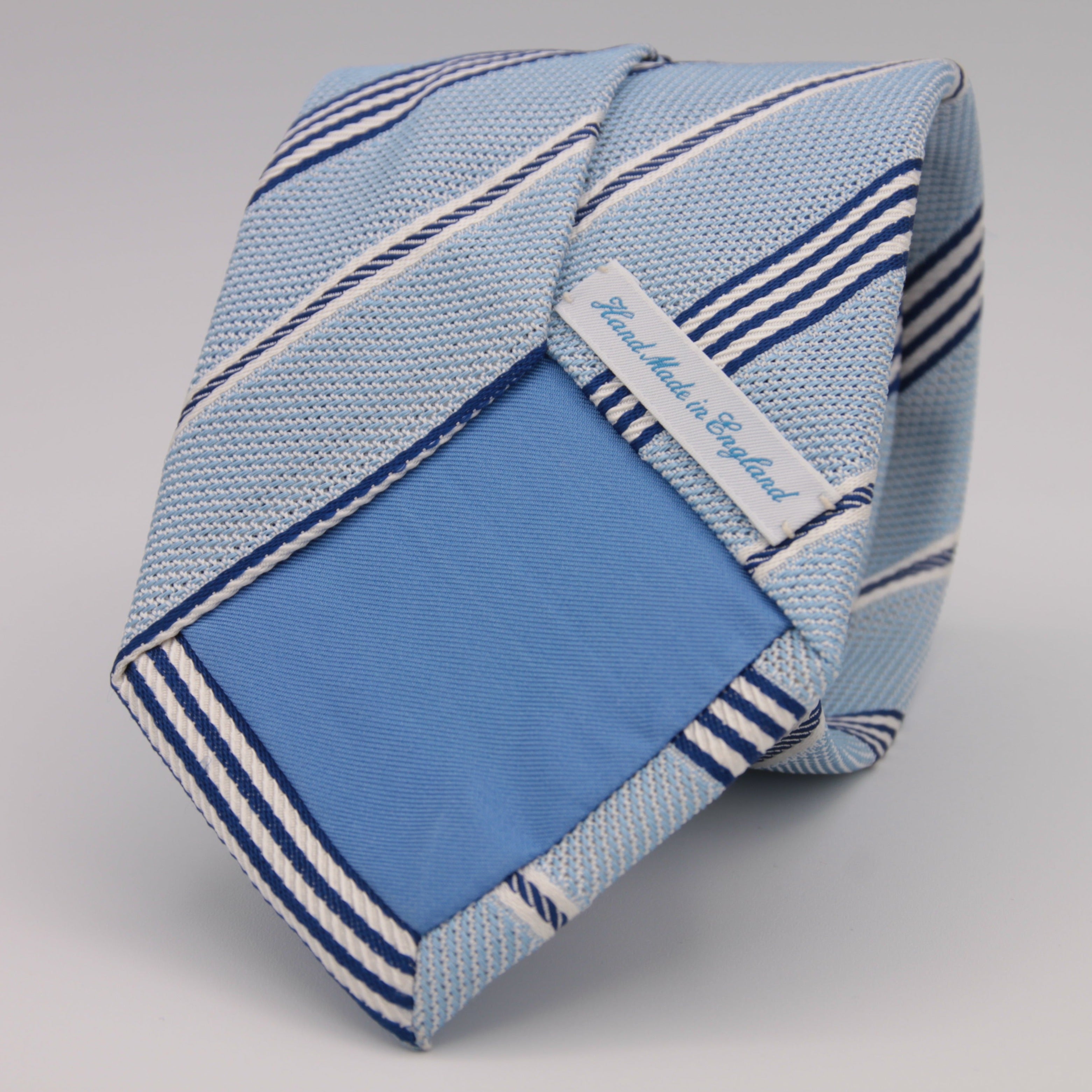 Drake's Vintage 100% Silk Garza Piccola Tipped  Light Blue, Blue and White Stripes  Tie Handmade in England 9 cm x 146 cm #6543