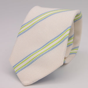 Drake's for Cruciani & Bella 100% Silk Garza Piccola Tipped  White, Light Green and Light Blue Stripes  Tie Handmade in England 9cm x 146 cm #5342