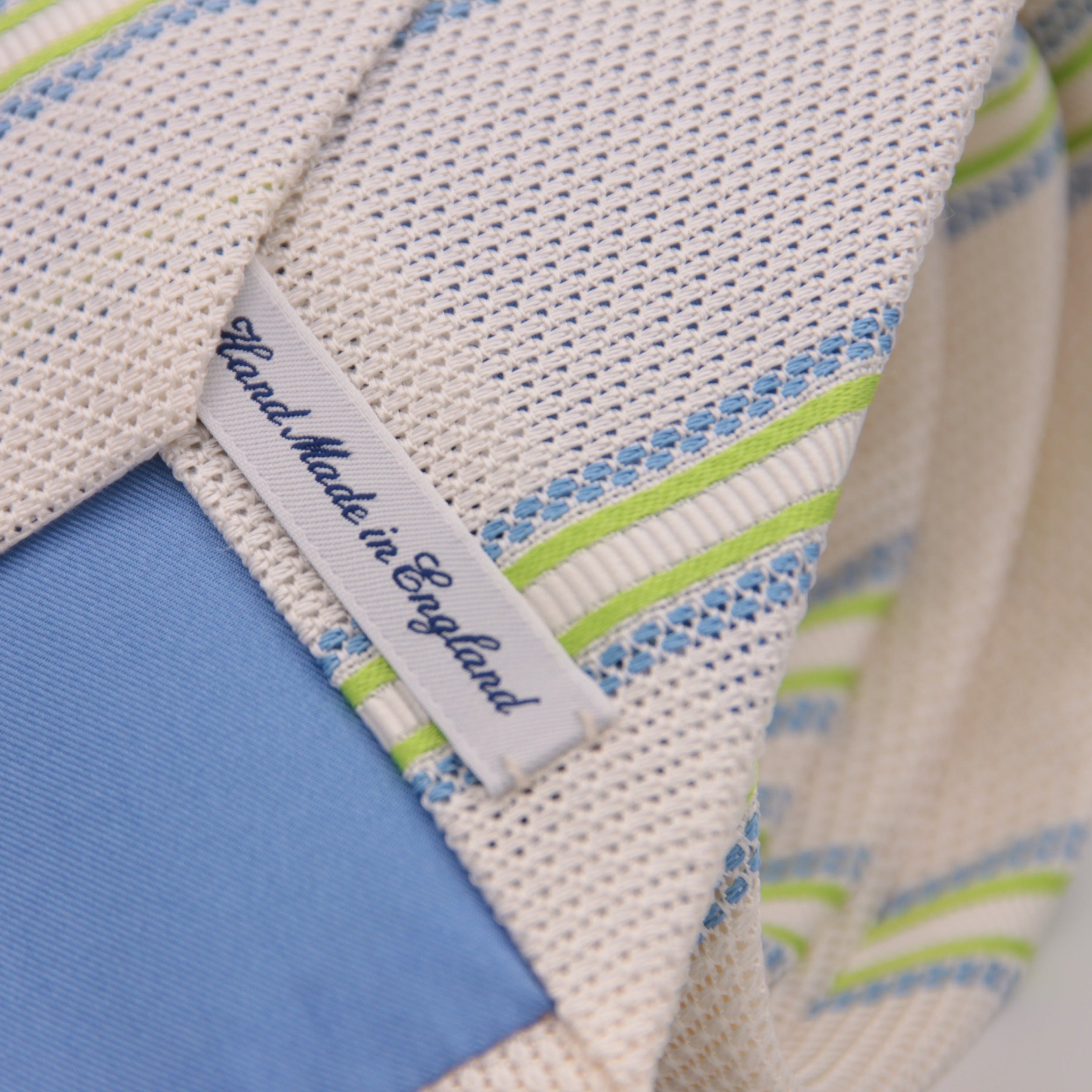 Drake's for Cruciani & Bella 100% Silk Garza Piccola Tipped  White, Light Green and Light Blue Stripes  Tie Handmade in England 9cm x 146 cm #5342