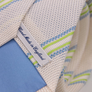 Drake's for Cruciani & Bella 100% Silk Garza Piccola Tipped  White, Light Green and Light Blue Stripes  Tie Handmade in England 9cm x 146 cm #5342