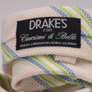 Drake's for Cruciani & Bella 100% Silk Garza Piccola Tipped  White, Light Green and Light Blue Stripes  Tie Handmade in England 9cm x 146 cm #5342