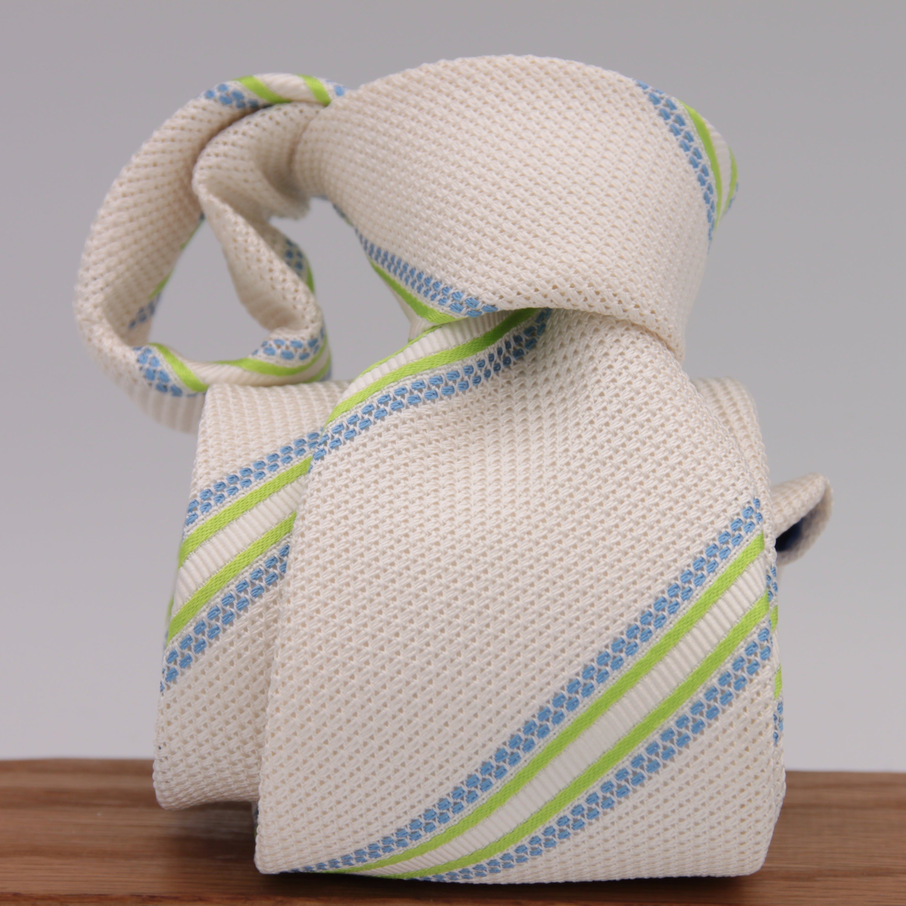 Drake's for Cruciani & Bella 100% Silk Garza Piccola Tipped  White, Light Green and Light Blue Stripes  Tie Handmade in England 9cm x 146 cm #5342