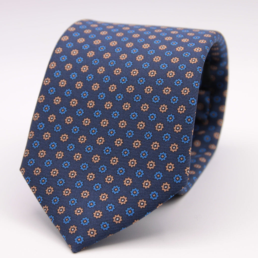 Holliday & Brown for Cruciani & Bella 100% printed Silk Self tipped Blue, Light Blue, Brown and White motif tie Handmade in Italy 8 cm x 150 cm