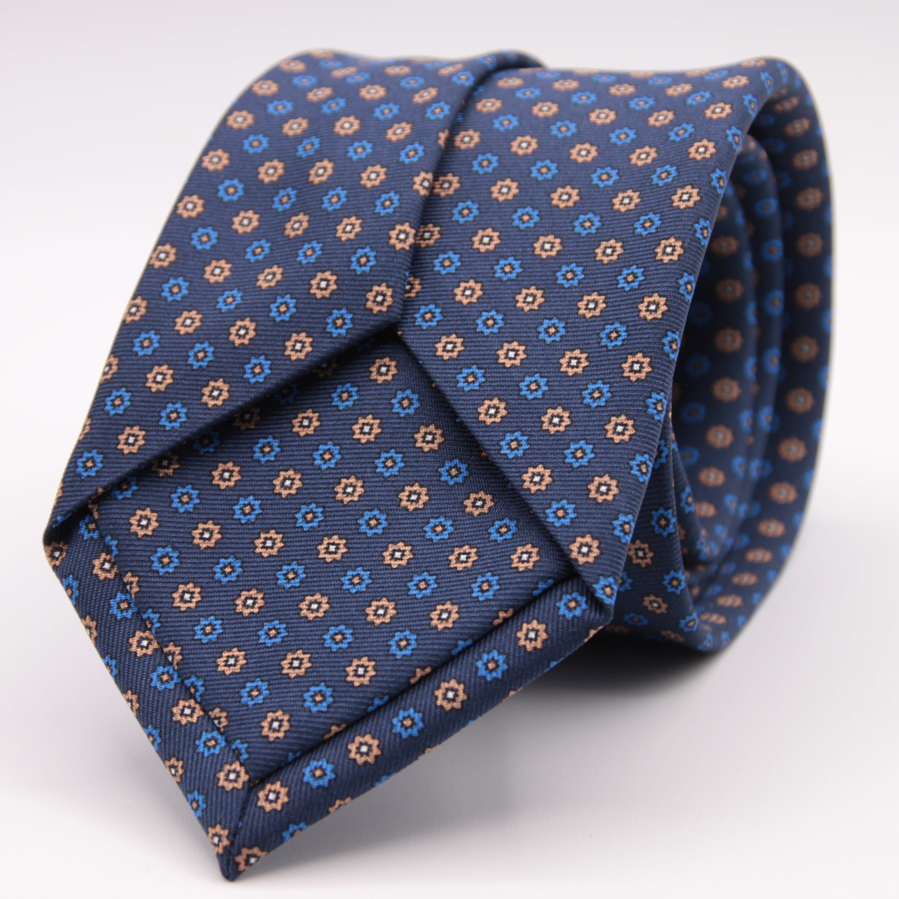 Holliday & Brown for Cruciani & Bella 100% printed Silk Self tipped Blue, Light Blue, Brown and White motif tie Handmade in Italy 8 cm x 150 cm