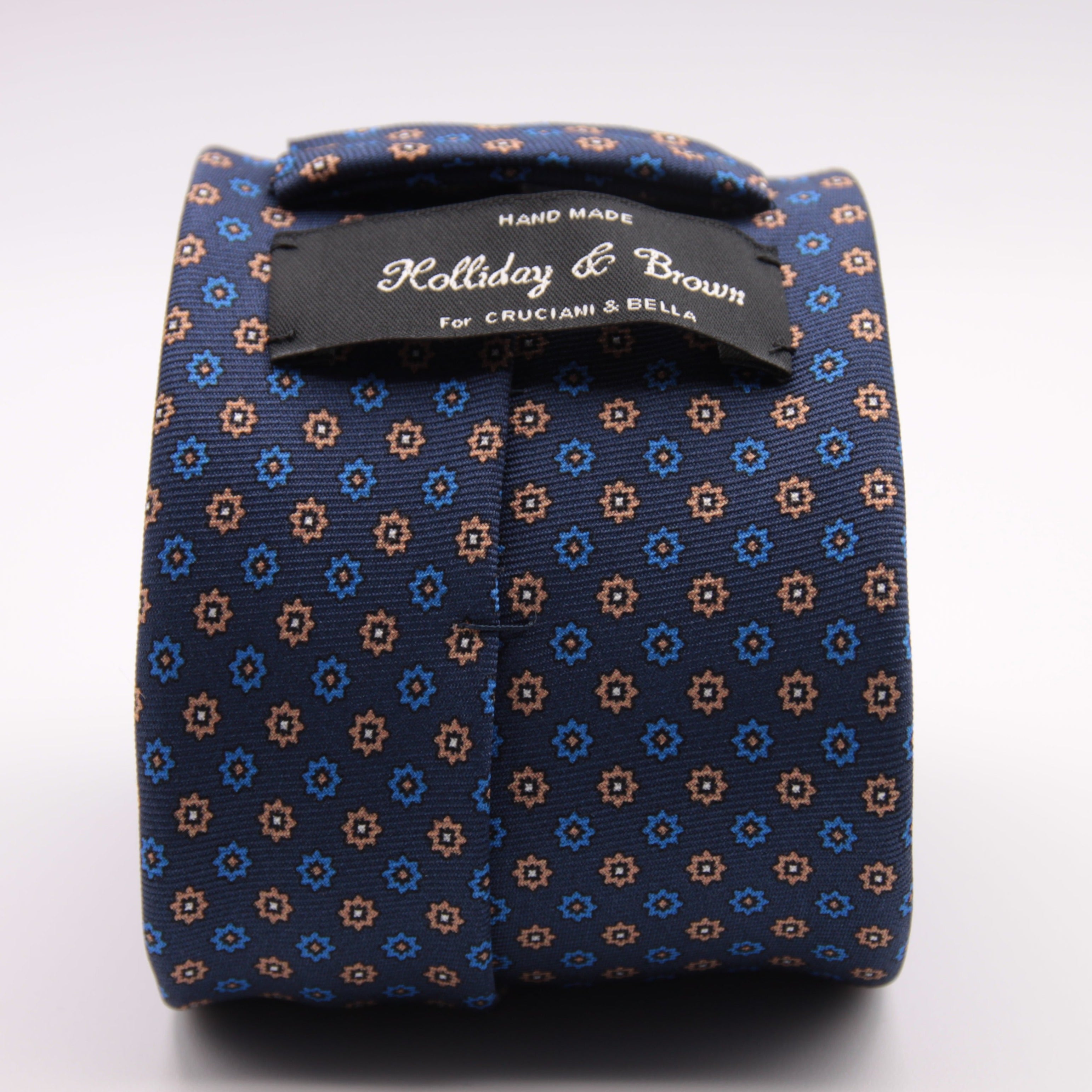 Holliday & Brown for Cruciani & Bella 100% printed Silk Self tipped Blue, Light Blue, Brown and White motif tie Handmade in Italy 8 cm x 150 cm