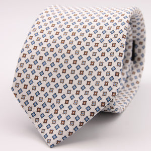 Holliday & Brown for Cruciani & Bella 100% printed Silk Self tipped White, Brown and Light Blue motif tie Handmade in Italy 8 cm x 150 cm #6289