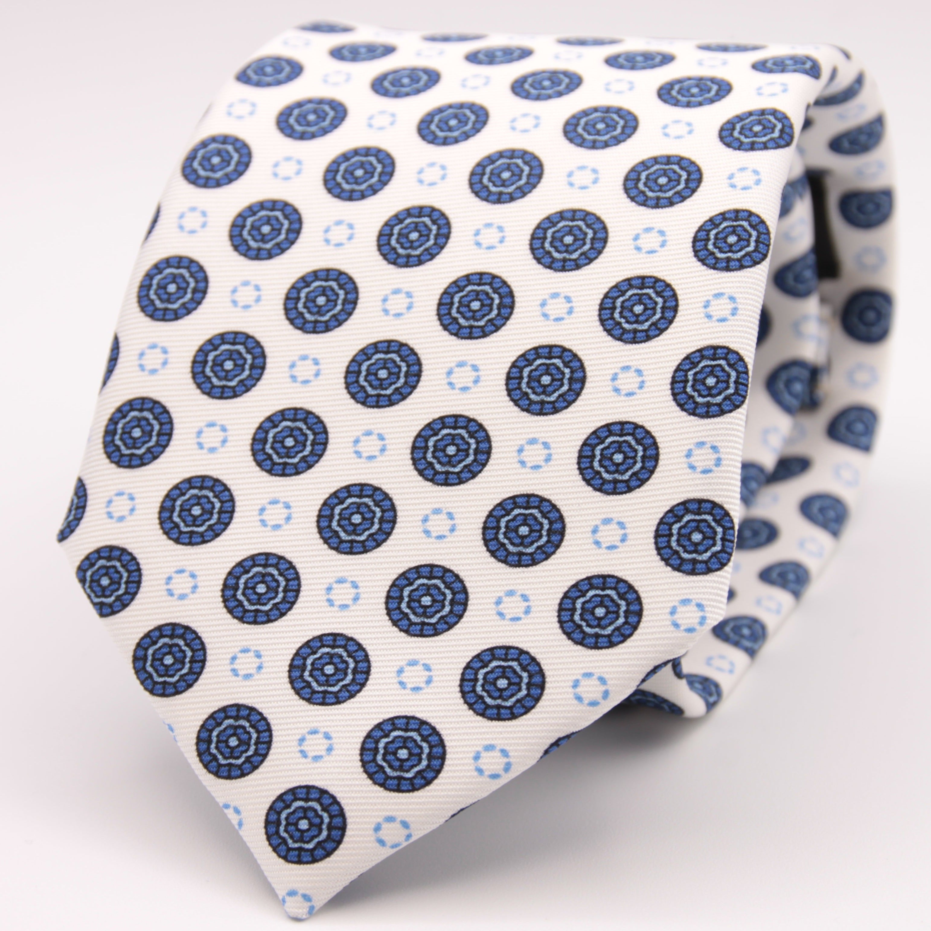 Holliday & Brown for Cruciani & Bella 100% printed Silk Self tipped White, Blue and Light Blue motif tie Handmade in Italy 8 cm x 150 cm #6329