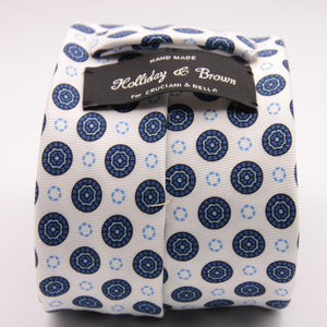 Holliday & Brown for Cruciani & Bella 100% printed Silk Self tipped White, Blue and Light Blue motif tie Handmade in Italy 8 cm x 150 cm #6329