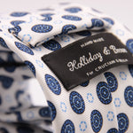 Holliday & Brown for Cruciani & Bella 100% printed Silk Self tipped White, Blue and Light Blue motif tie Handmade in Italy 8 cm x 150 cm #6329