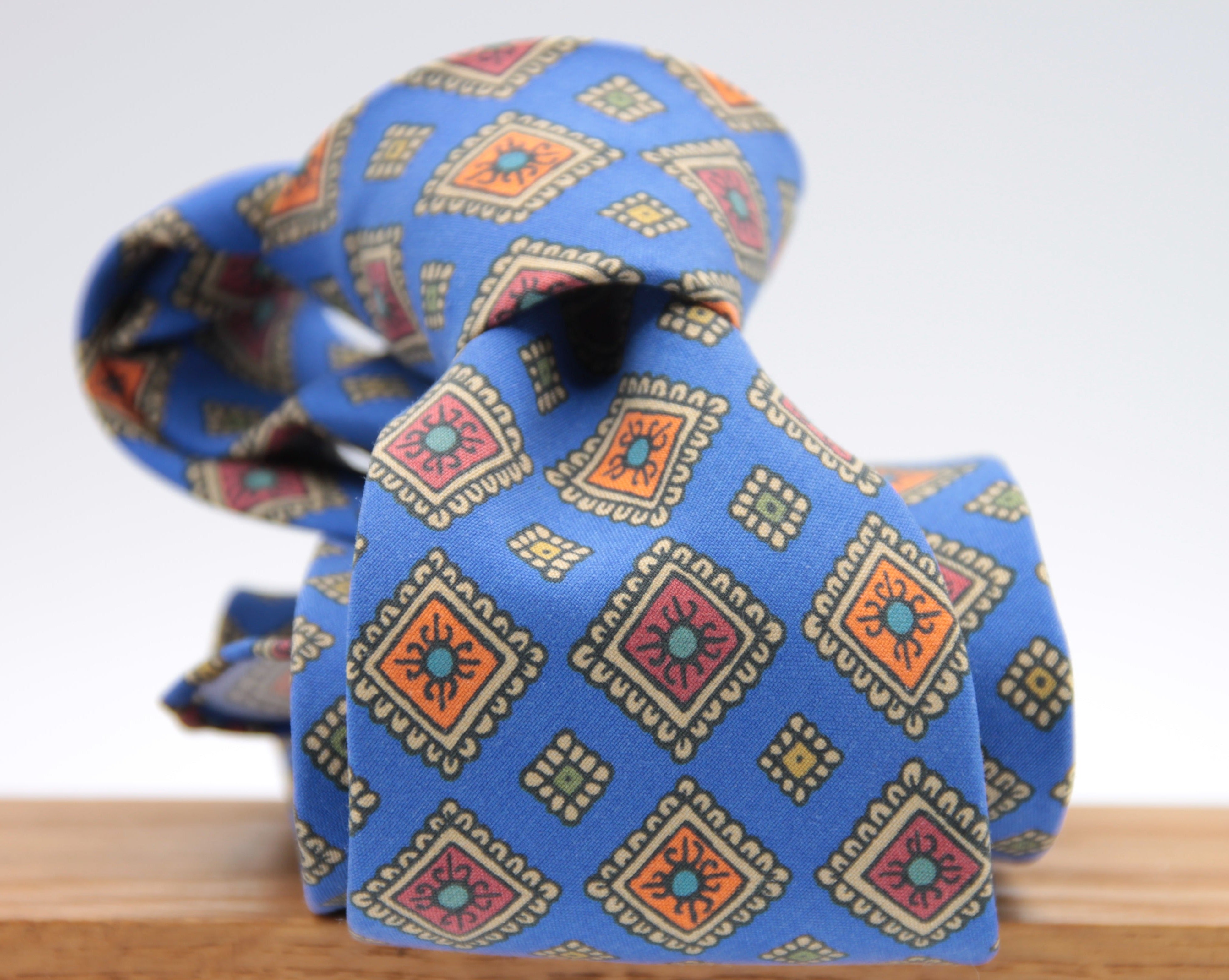 Cruciani & Bella 100% Printed Madder Silk  Italian fabric Unlined tie Royal Blue, Orange, Rust and Green Handmade in Italy 8 cm x 150 cm #5951