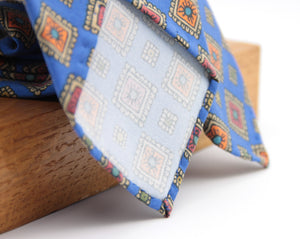 Cruciani & Bella 100% Printed Madder Silk  Italian fabric Unlined tie Royal Blue, Orange, Rust and Green Handmade in Italy 8 cm x 150 cm #5951