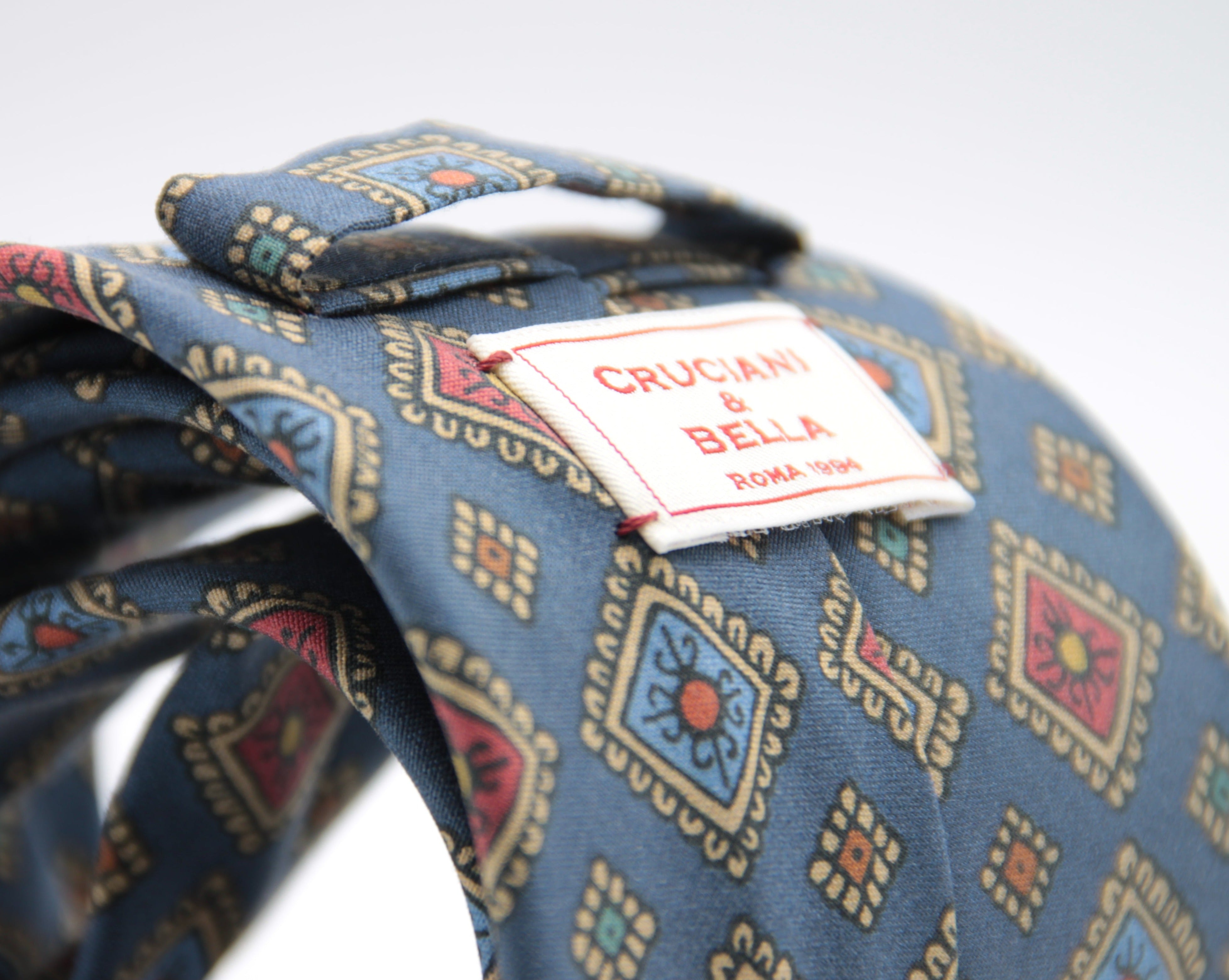 Cruciani & Bella 100% Printed Madder Silk  Italian fabric Unlined tie Denim Blue, Blue and Rust Handmade in Italy 8 cm x 150 cm #5952