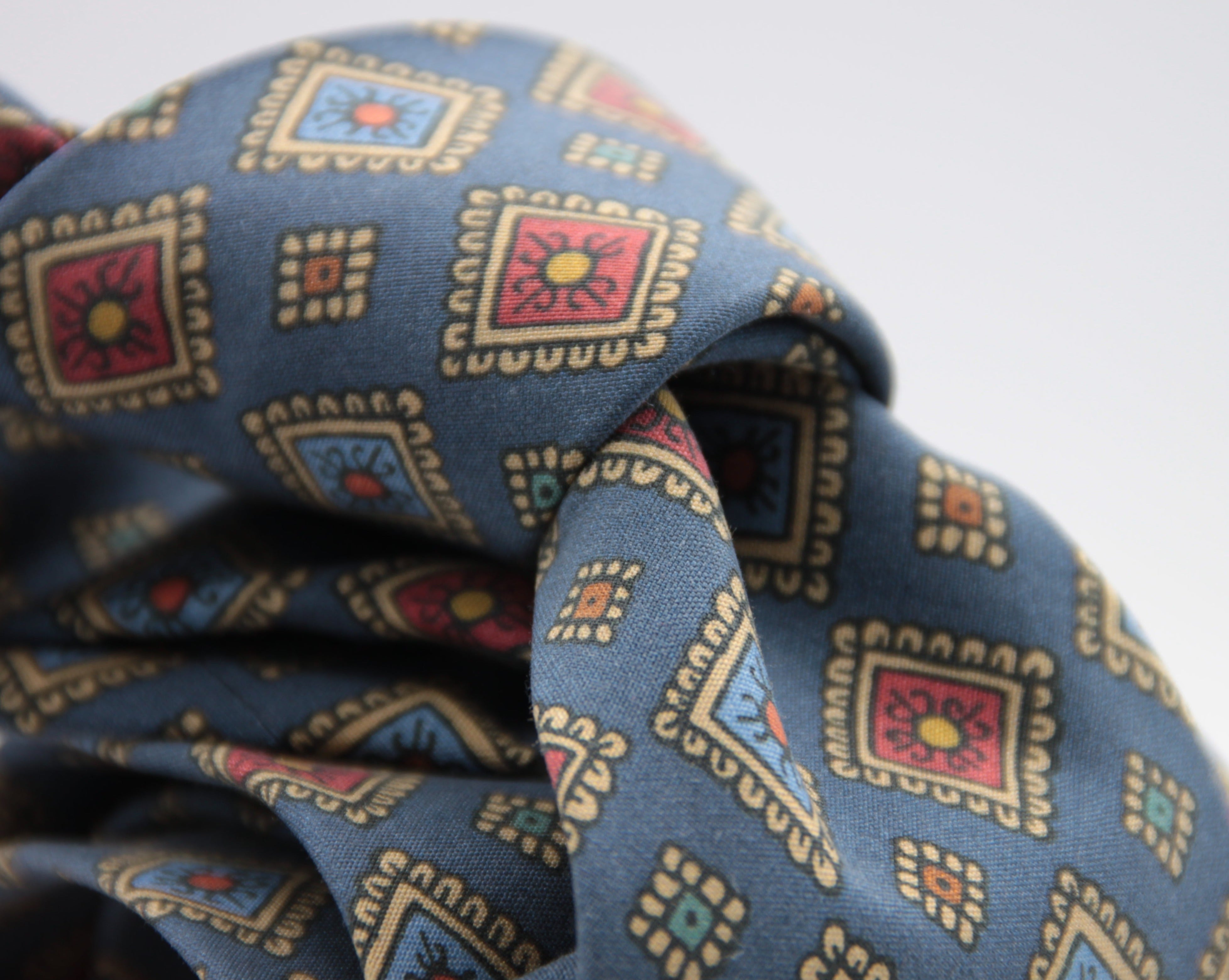 Cruciani & Bella 100% Printed Madder Silk  Italian fabric Unlined tie Denim Blue, Blue and Rust Handmade in Italy 8 cm x 150 cm #5952