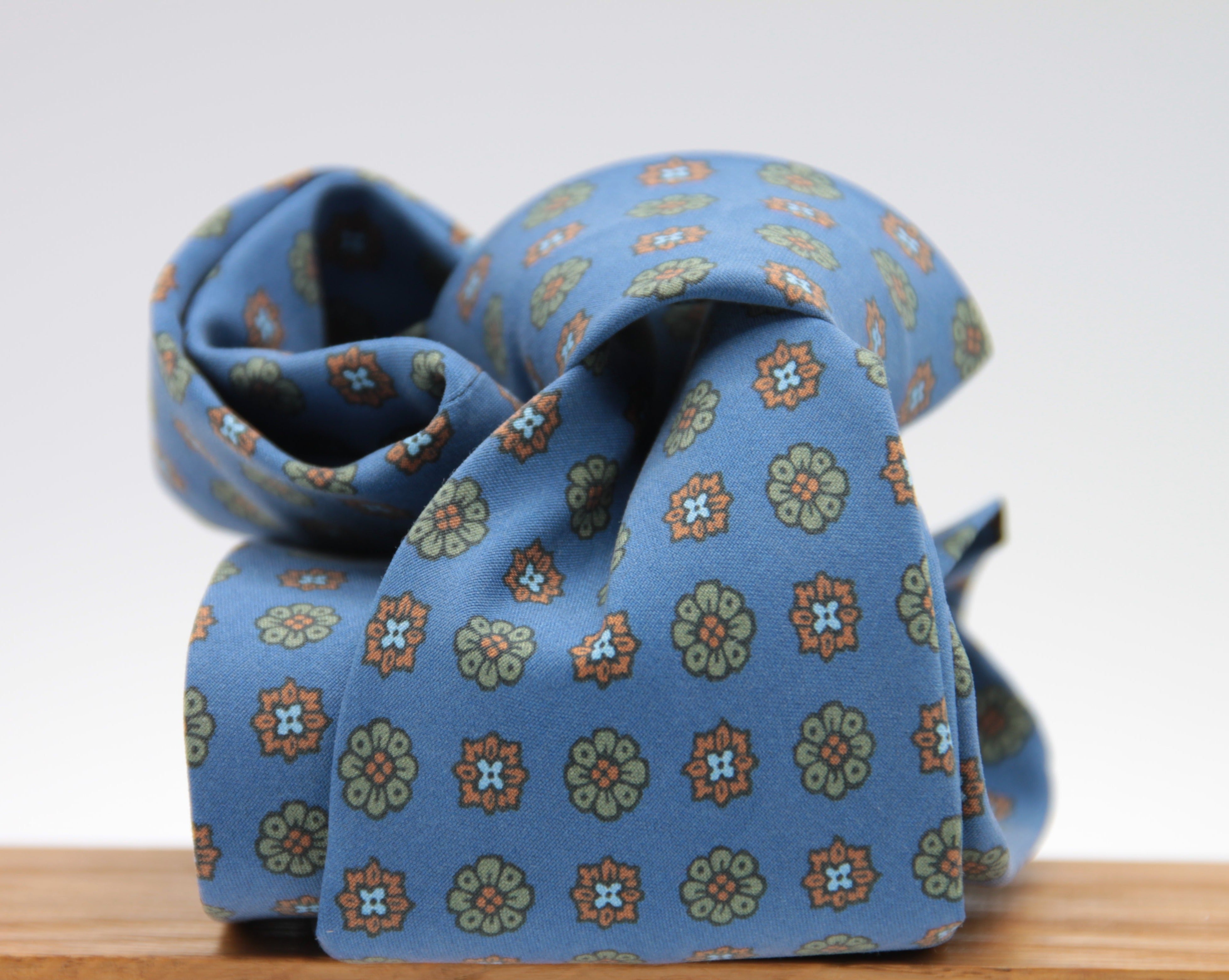 Cruciani & Bella 100% Printed Madder Silk  Italian fabric Unlined tie Denim Blue, Brown and Green Handmade in Italy 8 cm x 150 cm #6613