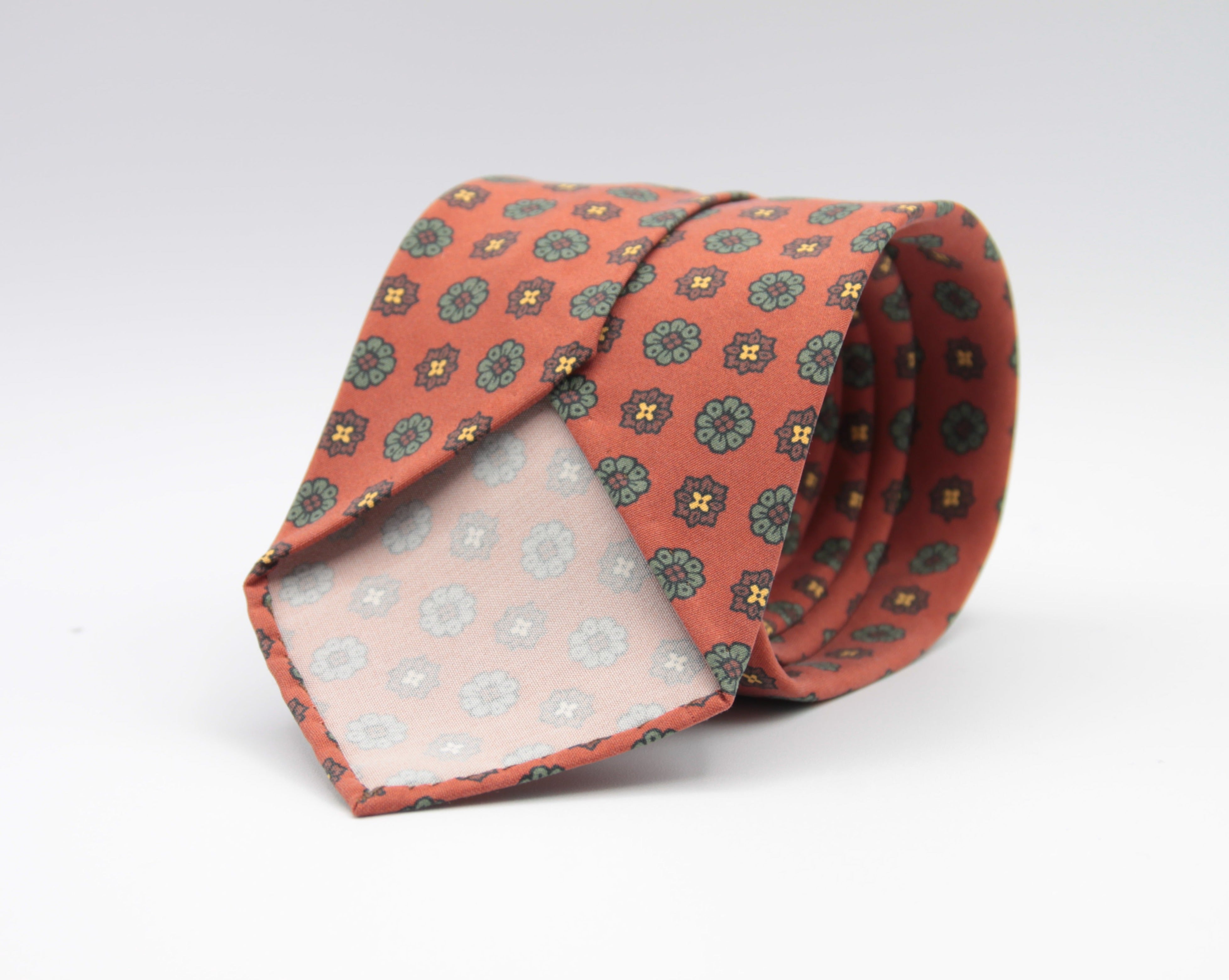 Cruciani & Bella 100% Printed Madder Silk  Italian fabric Unlined tie Orange, Brown and Green Handmade in Italy 8 cm x 150 cm #6614