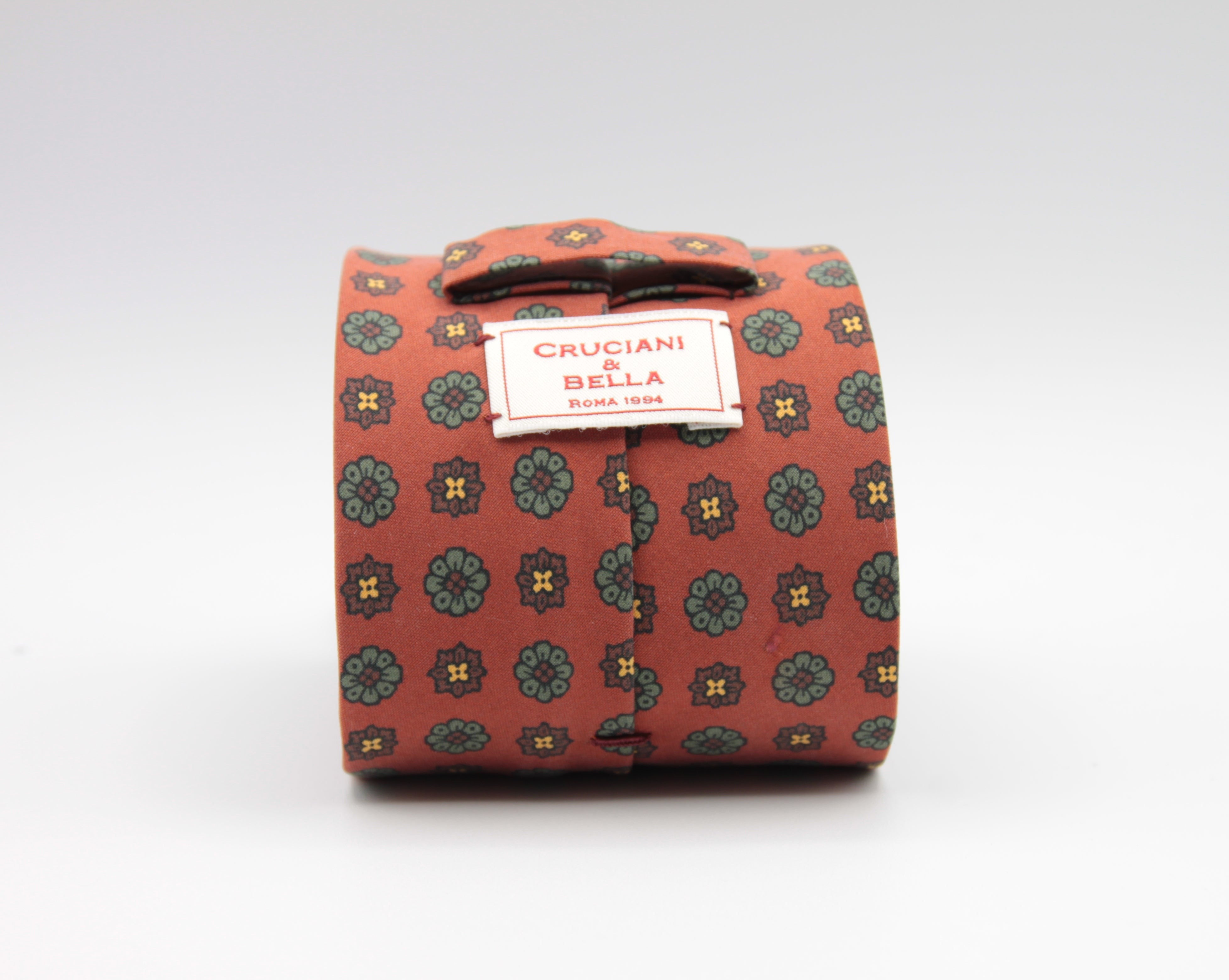 Cruciani & Bella 100% Printed Madder Silk  Italian fabric Unlined tie Orange, Brown and Green Handmade in Italy 8 cm x 150 cm #6614