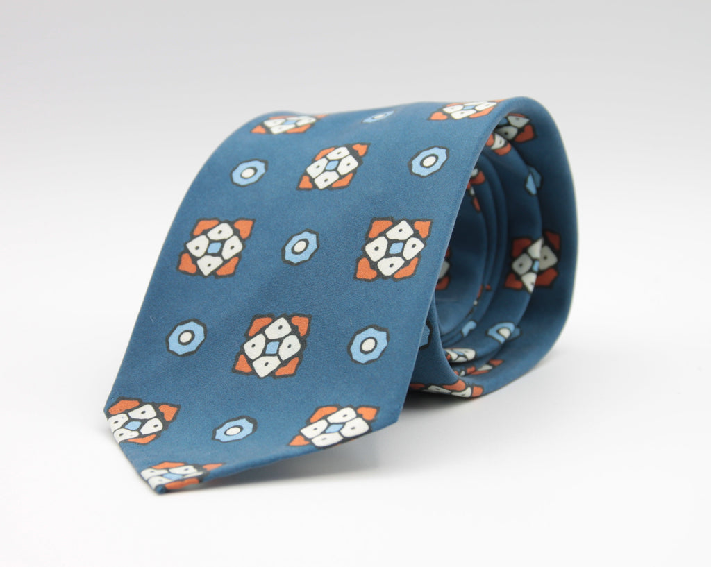 Cruciani & Bella 100% Printed Madder Silk  Italian fabric Unlined tie Blue, Orange and White Handmade in Italy 8 cm x 150 cm #6621