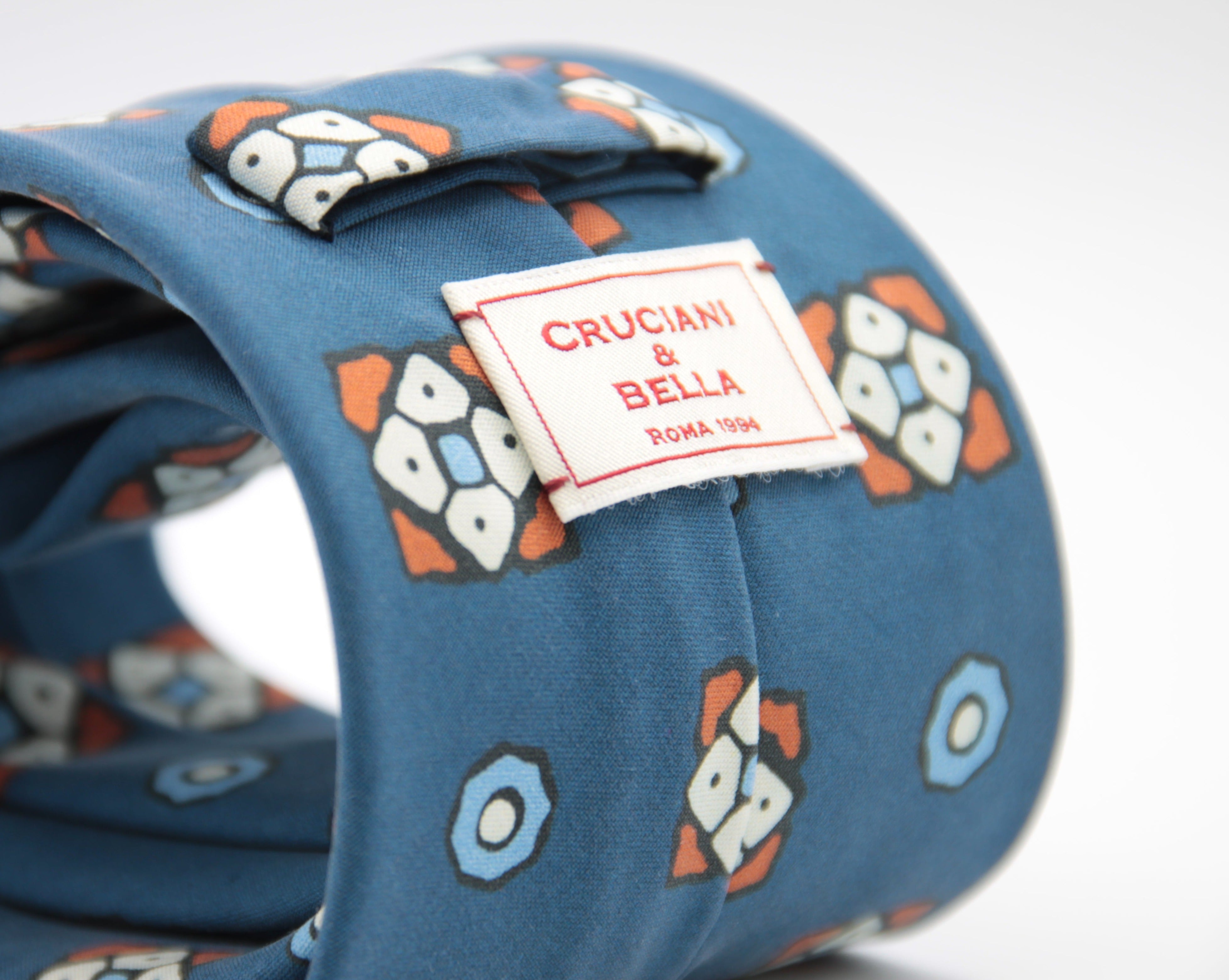 Cruciani & Bella 100% Printed Madder Silk  Italian fabric Unlined tie Blue, Orange and White Handmade in Italy 8 cm x 150 cm #6621
