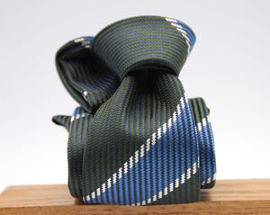 Holliday & Brown for Cruciani e Bella 100% Jacquard Silk Military green, Royal Blue and White stripe tie Handmade in Italy 8 cm x 150 cm