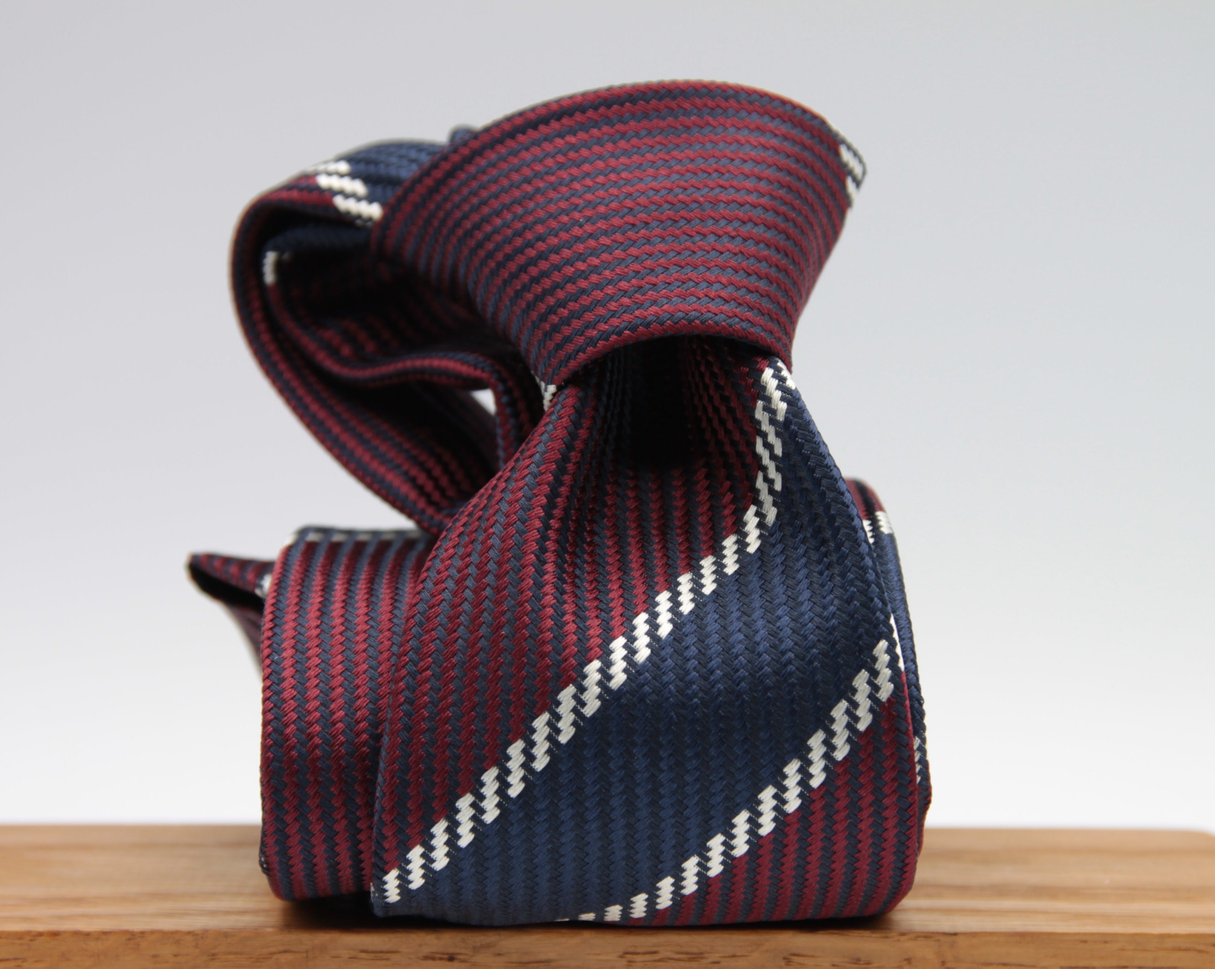 Holliday & Brown for Cruciani e Bella 100% Jacquard Silk Red, Blue and White stripe tie Handmade in Italy 8 cm x 150 cm #6425