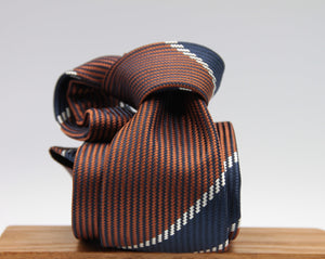 Holliday & Brown for Cruciani e Bella 100% Jacquard Silk Dark Orange, Blue and White stripe tie Handmade in Italy 8 cm x 150 cm #6426
