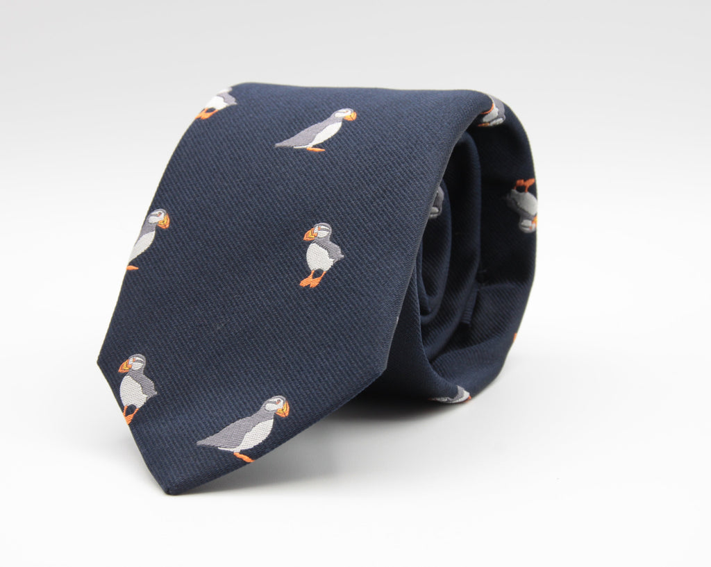 Drake's for Cruciani e Bella 100%  Woven Silk Tipped Blue, White, grey and Orange Puffin Motif Tie Handmade in London, England 8 cm x 150 cm #2553