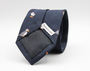 Drake's for Cruciani e Bella 100%  Woven Silk Tipped Blue, White, grey and Orange Puffin Motif Tie Handmade in London, England 8 cm x 150 cm #2553