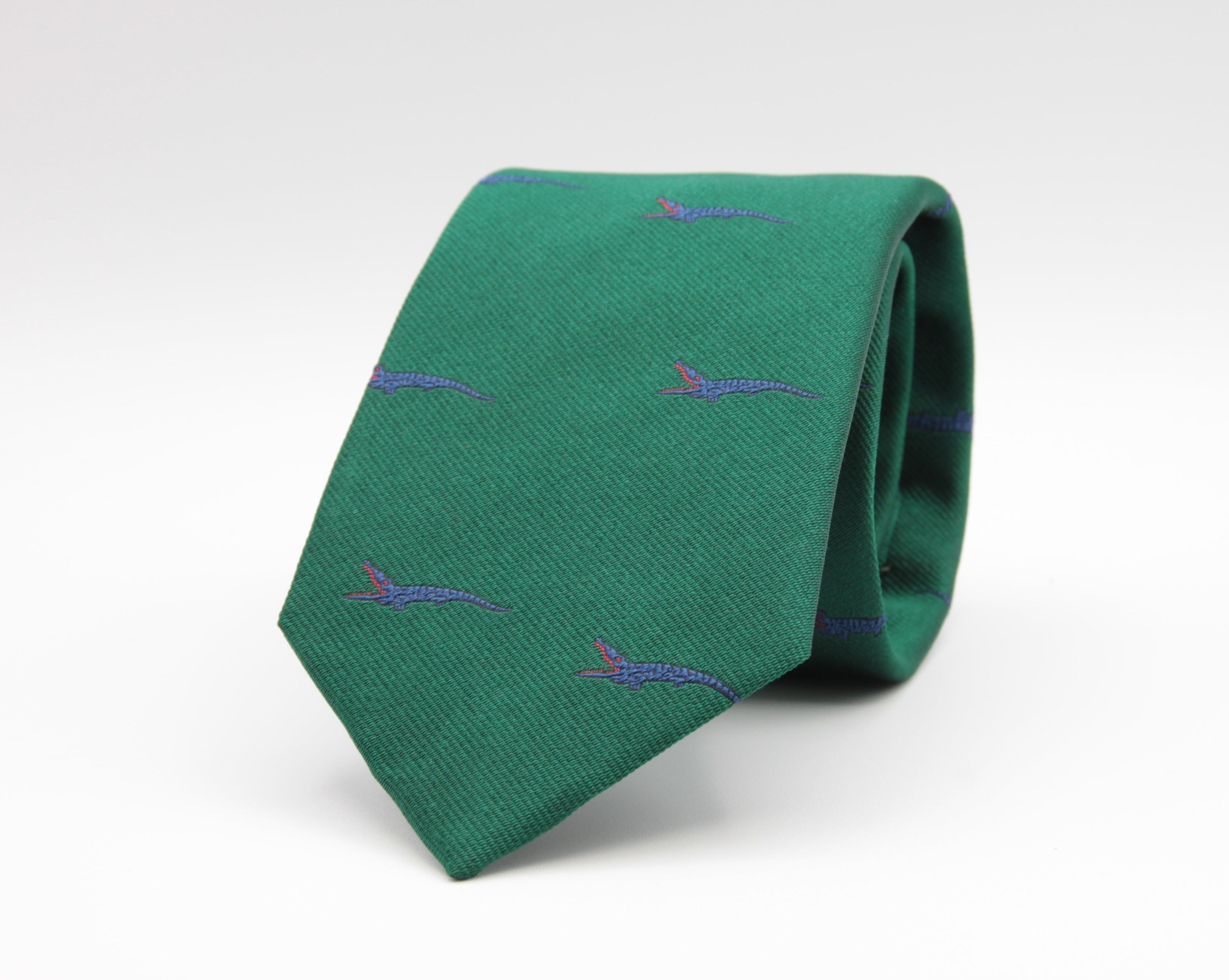 Drake's for Cruciani e Bella 100%  Woven Silk Tipped Green, Blue and Red Crocodile Motif Tie Handmade in London, England 8 cm x 150 cm #3648