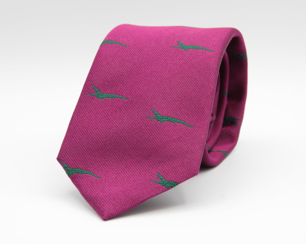 Drake's for Cruciani e Bella 100%  Woven Silk Tipped Fucsia and Green Crocodile Motif Tie Handmade in London, England 8 cm x 150 cm #3649