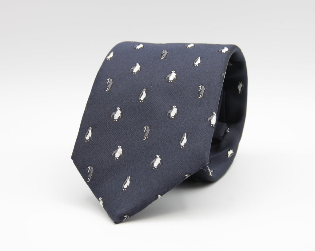 Drake's for Cruciani e Bella 100%  Woven Silk Tipped Blue, Grey and White Penguin Motif Tie Handmade in London, England 8 cm x 150 cm #3657