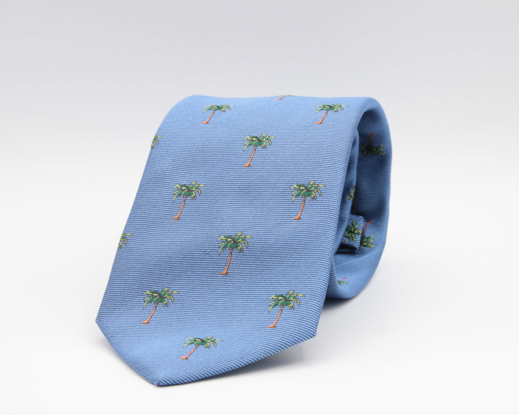 Drake's for Cruciani e Bella 100%  Woven Silk Tipped Light Blue, Green and Brown Palm Tree Motif Tie Handmade in London, England 8 cm x 150 cm #2895
