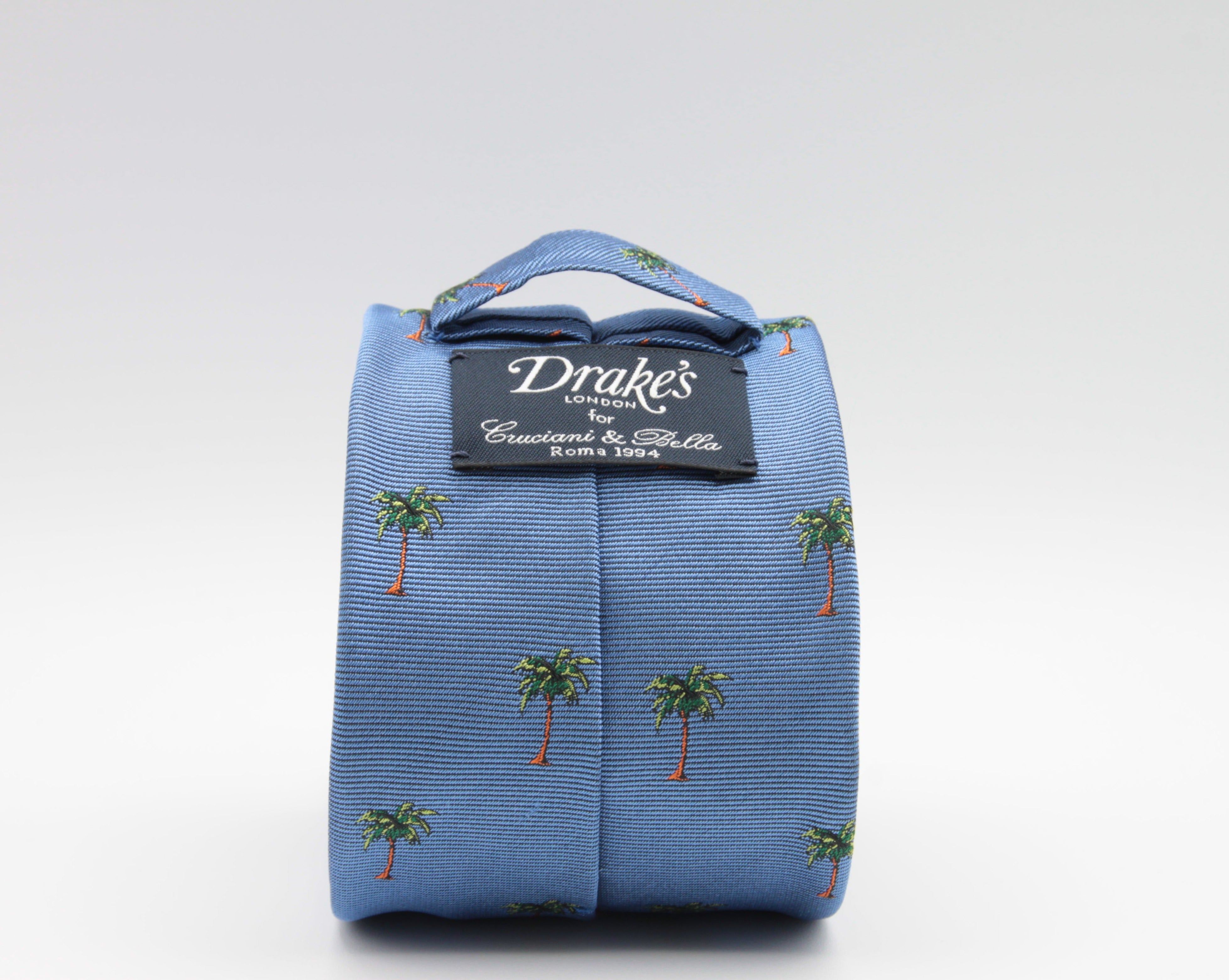 Drake's for Cruciani e Bella 100%  Woven Silk Tipped Light Blue, Green and Brown Palm Tree Motif Tie Handmade in London, England 8 cm x 150 cm #2895