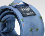 Drake's for Cruciani e Bella 100%  Woven Silk Tipped Light Blue, Green and Brown Palm Tree Motif Tie Handmade in London, England 8 cm x 150 cm #2895