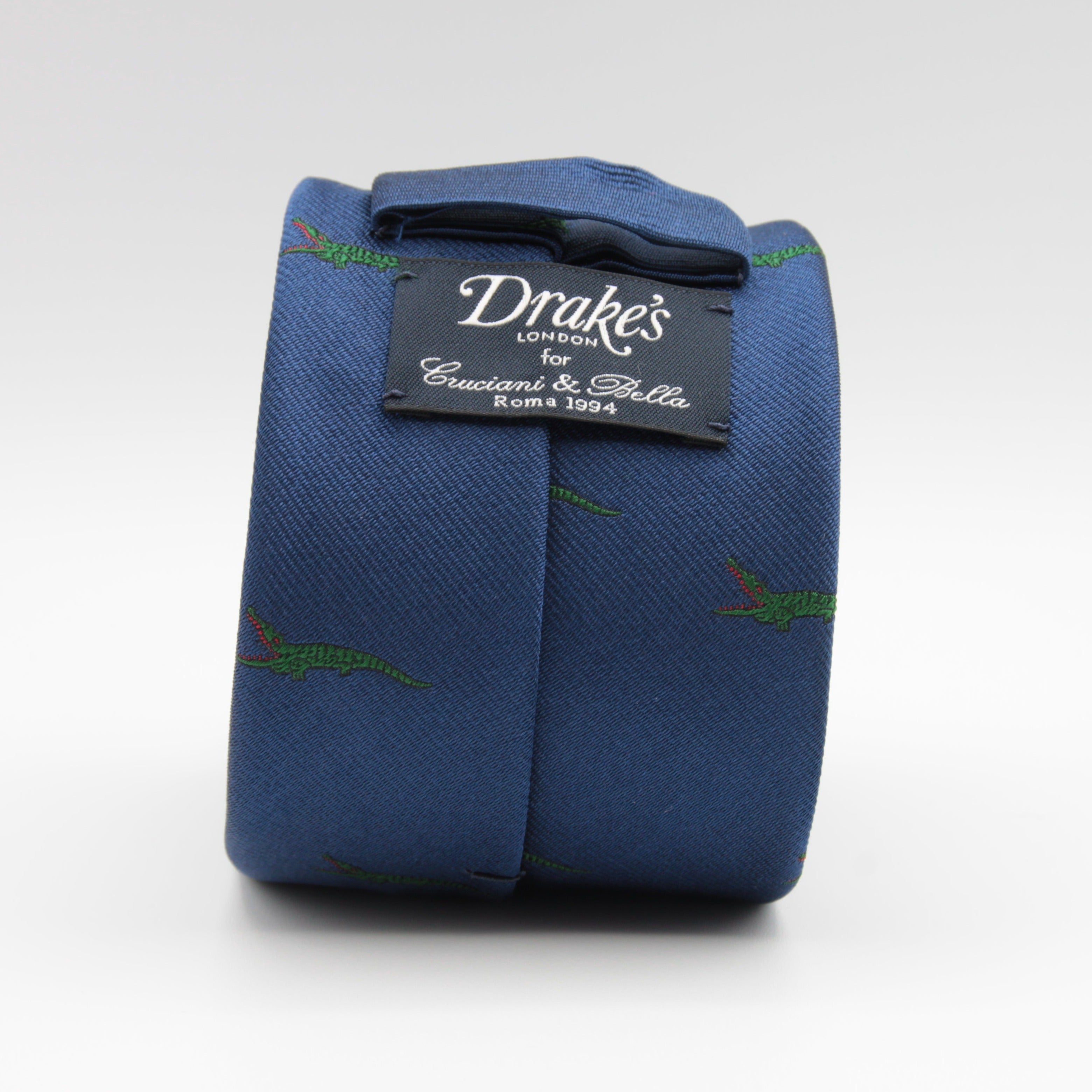Drake's for Cruciani e Bella 100%  Woven Silk Tipped Blue, Green and Red Crocodile Motif Tie Handmade in London, England 8 cm x 150 cm #3647