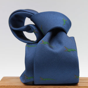 Drake's for Cruciani e Bella 100%  Woven Silk Tipped Blue, Green and Red Crocodile Motif Tie Handmade in London, England 8 cm x 150 cm #3647