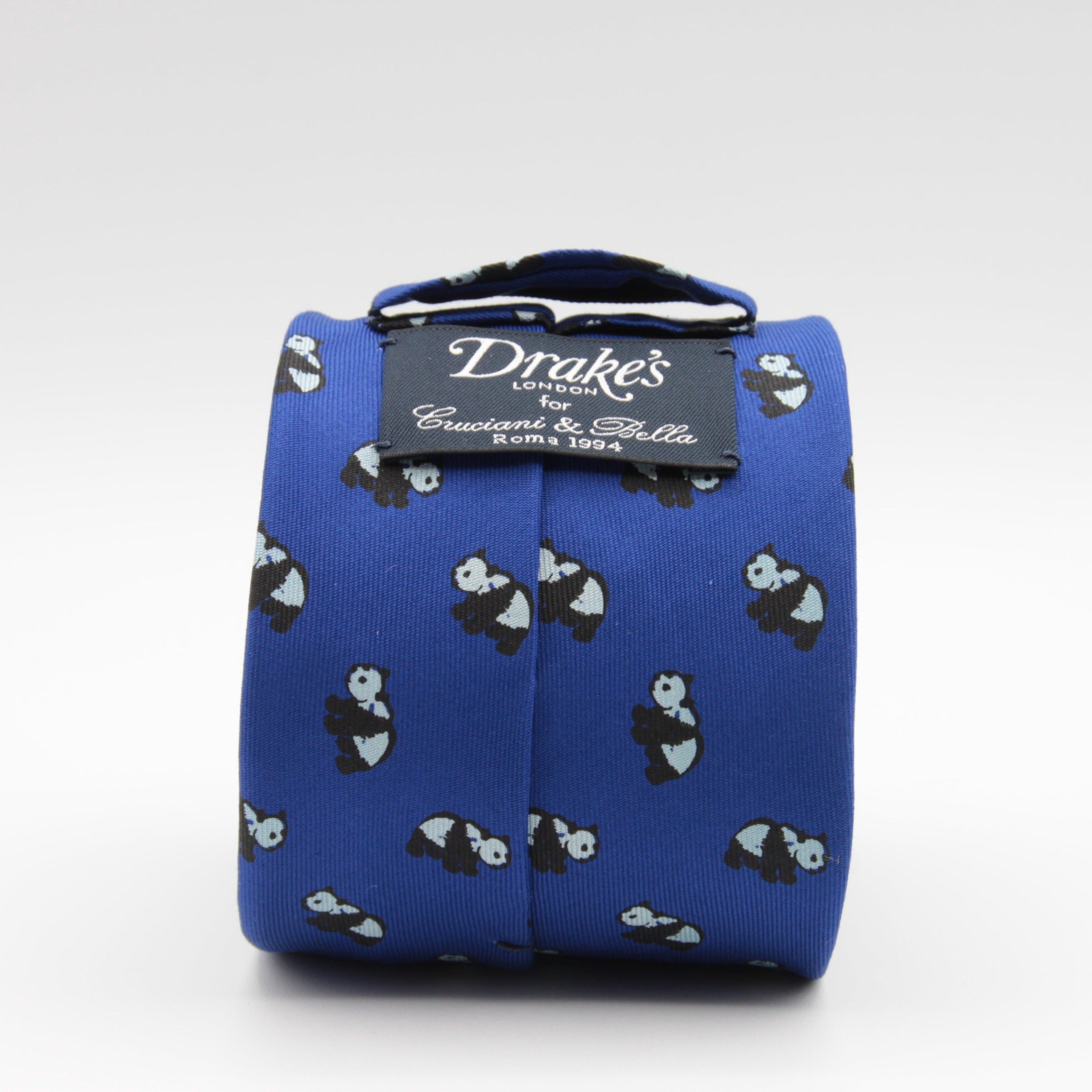 Drake's for Cruciani e Bella 100%  Printed Silk Tipped Electric Blue, White and Black Panda Motif Tie 36 oz Handmade in London, England 8 cm x 150 cm #3845