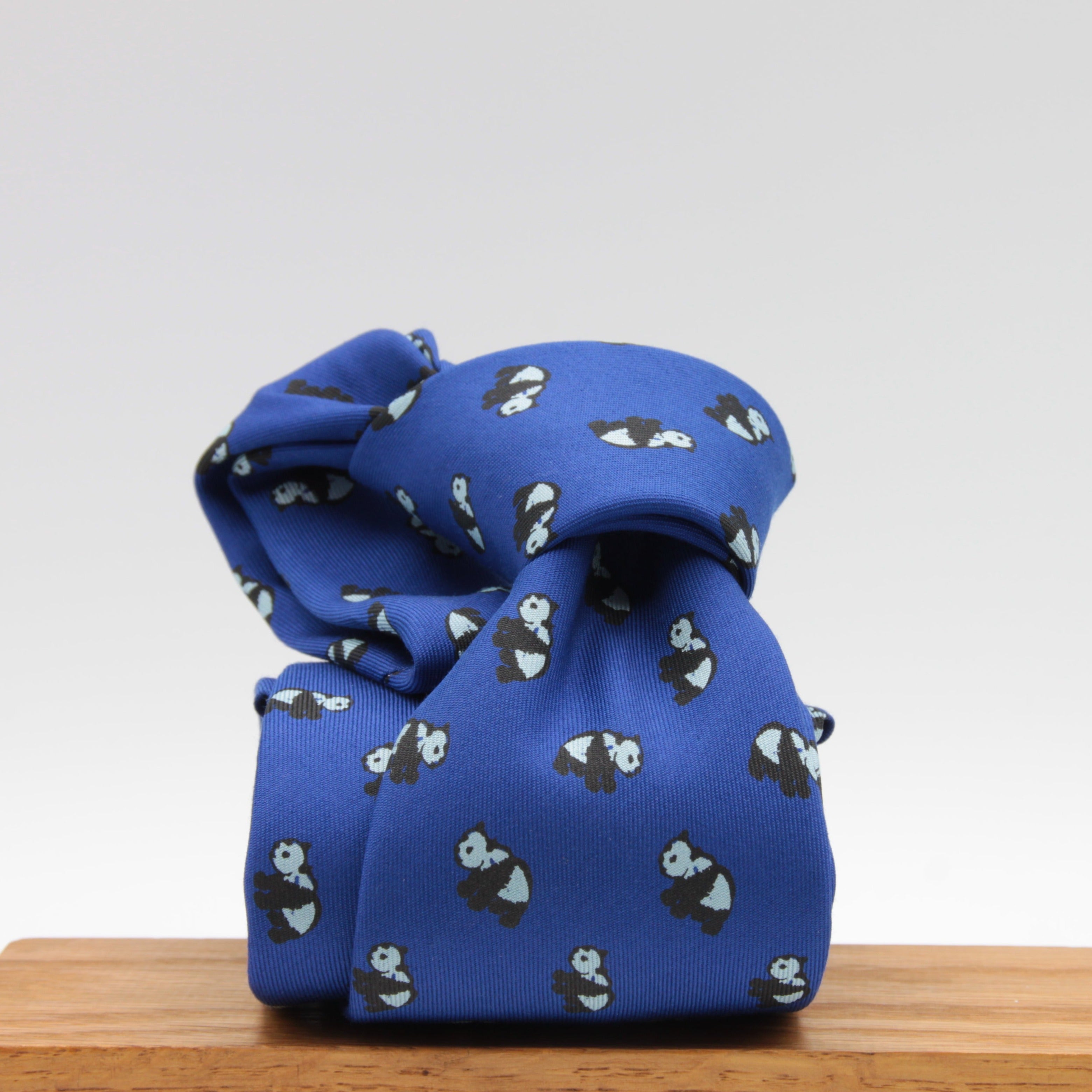 Drake's for Cruciani e Bella 100%  Printed Silk Tipped Electric Blue, White and Black Panda Motif Tie 36 oz Handmade in London, England 8 cm x 150 cm #3845