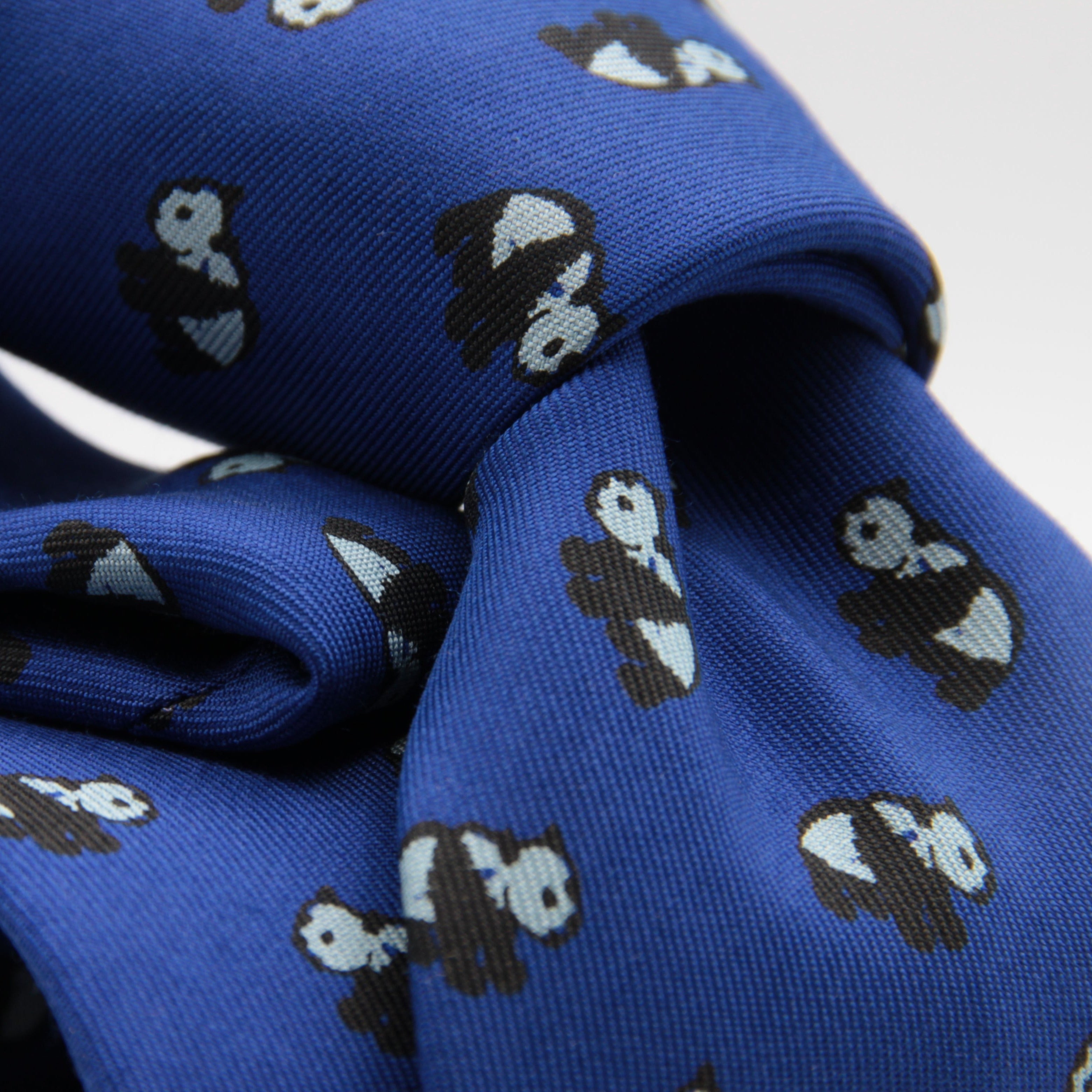 Drake's for Cruciani e Bella 100%  Printed Silk Tipped Electric Blue, White and Black Panda Motif Tie 36 oz Handmade in London, England 8 cm x 150 cm #3845