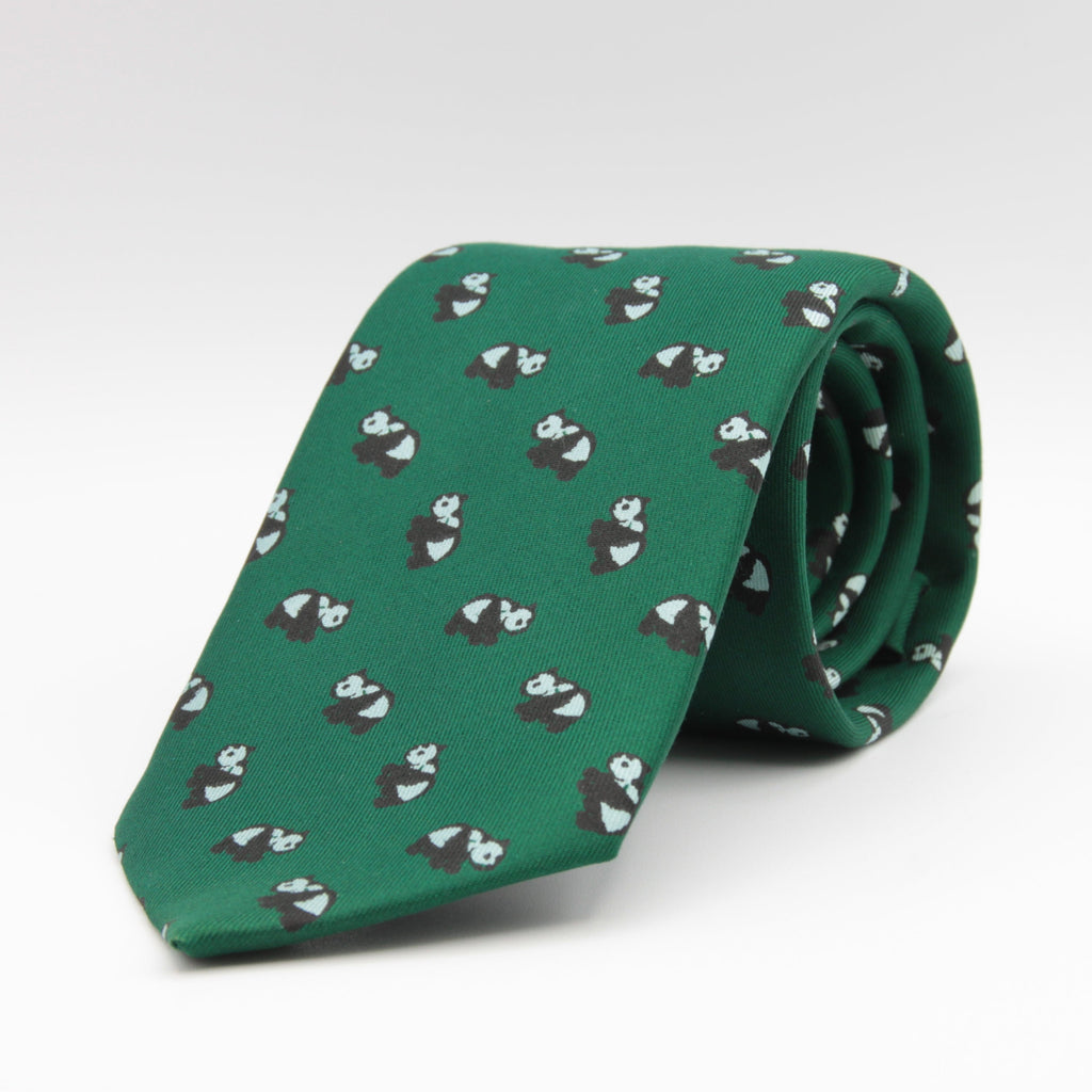 Drake's for Cruciani e Bella 100%  Printed Silk Tipped Green, White and Black Panda Motif Tie 36 oz Handmade in London, England 8 cm x 150 cm #3846