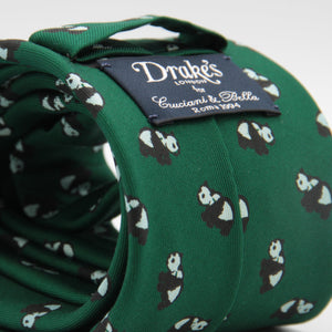 Drake's for Cruciani e Bella 100%  Printed Silk Tipped Green, White and Black Panda Motif Tie 36 oz Handmade in London, England 8 cm x 150 cm #3846