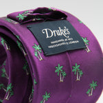 Drake's for Cruciani e Bella 100%  Woven Silk Tipped Fucsia, Green and White Palm Tree Motif Tie Handmade in London, England 8 cm x 150 cm #6883