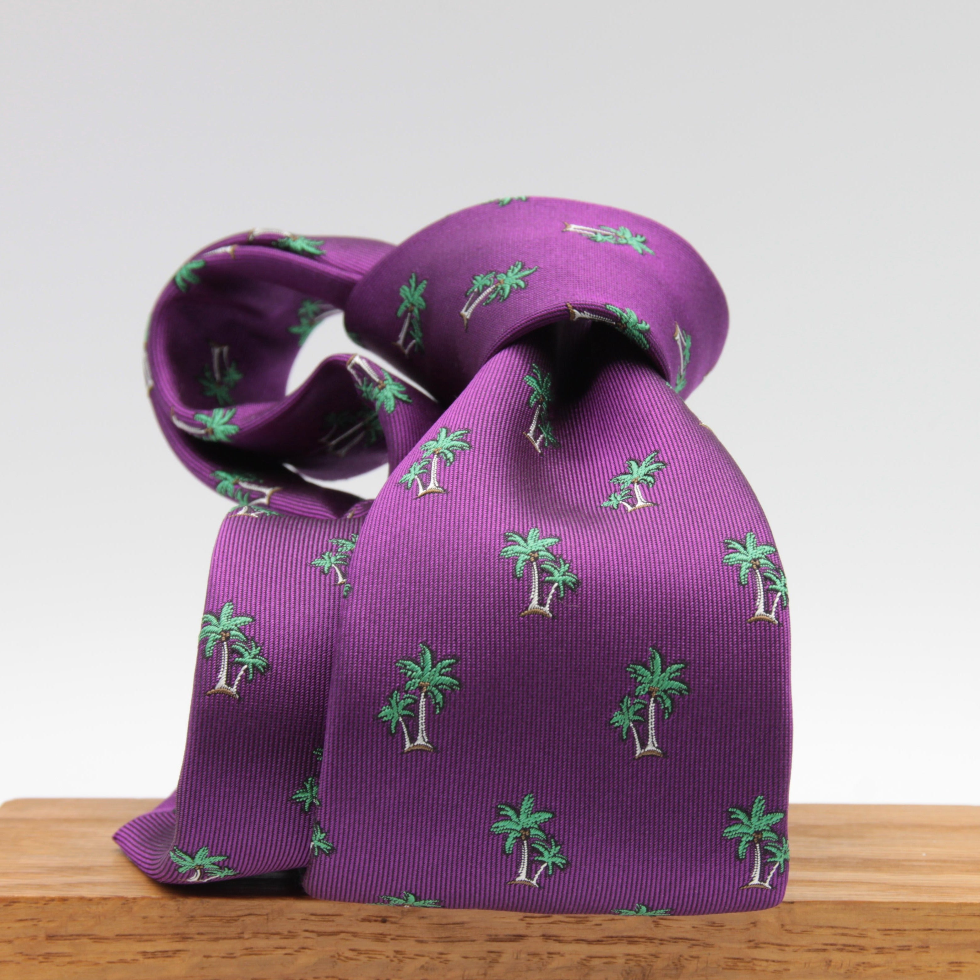 Drake's for Cruciani e Bella 100%  Woven Silk Tipped Fucsia, Green and White Palm Tree Motif Tie Handmade in London, England 8 cm x 150 cm #6883